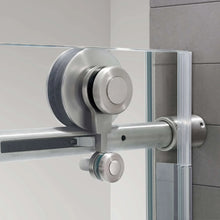 Sliding shower door roller and handle mechanism on clear frameless glass
