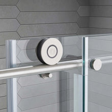 Sliding shower door rail and rollers on clear frameless glass panel