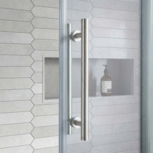 Clear glass shower door handle with brushed metal bar and round knobs