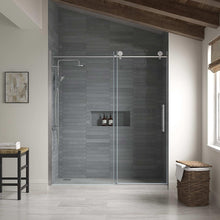 Frameless sliding shower door with clear glass panels and stainless steel hardware