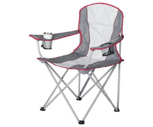 Oversized quad chair with white fabric, gray panels, and red trim; side cup holder arm