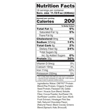 Nutrition facts panel for chocolate protein shake, showing protein 32g per serving