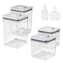 OXO POP 4-piece food storage containers with purple lids and rice measuring tools