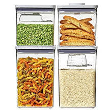 OXO POP 4-piece food storage container set, clear bins with purple-lidded tops