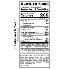 Nutrition Facts panel for Strawberries & Cream shake, serving size 1 pouch (75g)