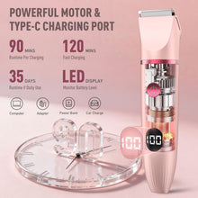 Pink electric body hair trimmer with LED screen, charging dock base and attachment slots