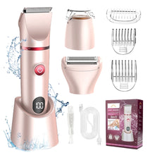 Pink 3-in-1 electric body trimmer kit with multiple blades and charging stand