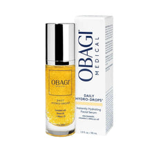 Daily hydro drops facial serum bottle with gold liquid and silver cap