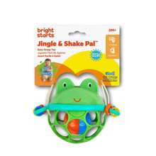 Retail box with green frog Jingle & Shake Pal infant rattle and colorful handle rings