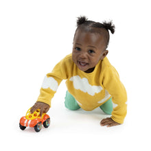 Infant push rattle car toy in orange-red with yellow wheel dome and colorful beads