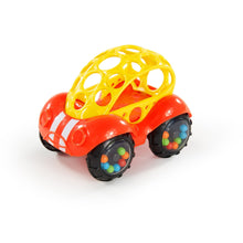 Red and yellow push rattle car toy with two wheels and rolling dome top