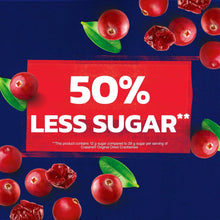 50% less sugar marketing card with scattered red cranberries