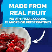 Bowl of red dried cranberries with “Made from real fruit” text
