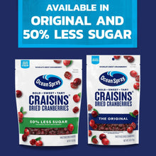Ocean Spray Craisins dried cranberries pouch pack, original and 50% less sugar variants
