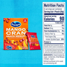 Nutrition label panel beside Ocean Spray Mango Cran Snack Medley 5-pack box