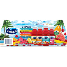 Ocean Spray 24-pack juice drink bottles, cranberry variety with flavor labels