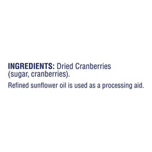 Ingredients panel: Dried Cranberries (sugar, cranberries) and refined sunflower oil