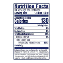 Nutrition Facts label showing serving size 1/4 cup (40 g) and 130 calories