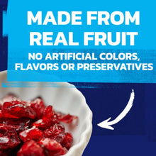 Dried cranberries with bowl of craisins, real fruit and no artificial colors text