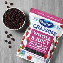 Ocean Spray Craisins whole & juicy dried cranberries bag with bowl of cranberries
