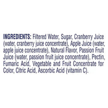 Ingredients list: filtered water, sugar, cranberry juice, apple juice, passion fruit