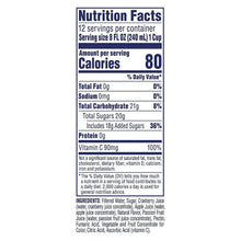 Nutrition Facts panel showing 80 calories per 8 fl oz cup and vitamin C 100%