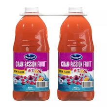Two Ocean Spray Cran+Passion fruit juice bottles with purple front labels