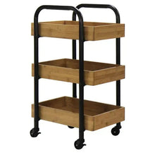 3-tier storage cart with black dual handles, light wood shelves, caster wheels