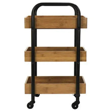 3-tier storage cart angled view with black frame, light wood baskets, caster wheels