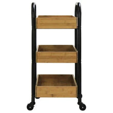 3-tier storage cart with black metal frame, three light wood shelves, four caster feet
