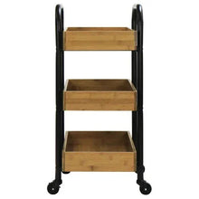 3-tier storage cart front view with black metal frame, light wood shelves, casters