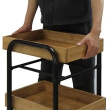 3-tier storage cart with light wood top shelf and black metal side frame