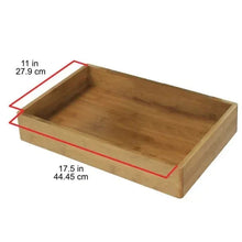 Wood 3-tier cart shelf tray, angled view with red measurement lines