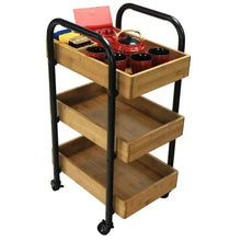 3-tier storage cart carrying cookware, with black frame and light wood shelves