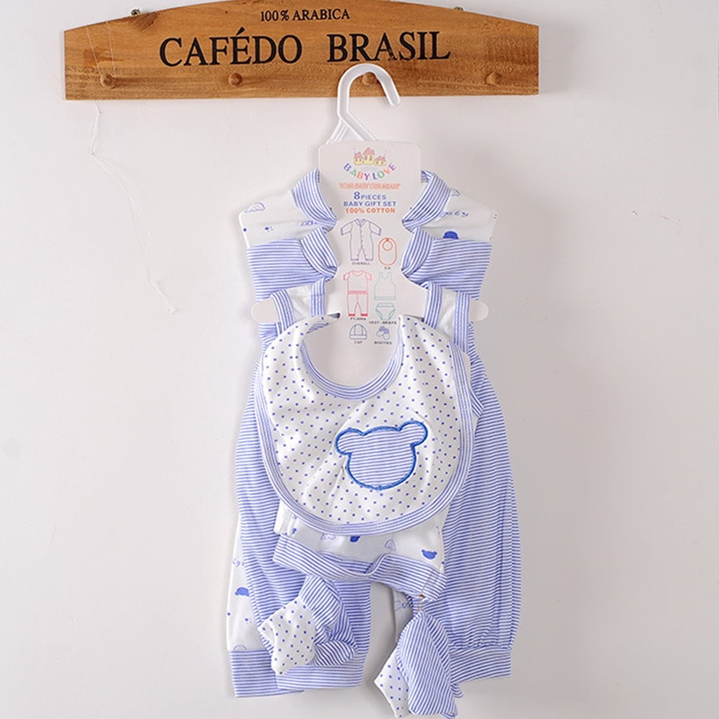 Odeerbi Baby Boy Girl Clothes 8PCS Layette Set Newborn Tops+Hat+Pants+Bib+Sock Shose+Romper
