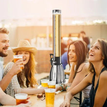 Stainless beer tower on party table, dispensing spigot above beer glasses