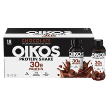 Oikos chocolate protein shake 18-pack box with 12 fl oz bottles