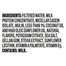 Protein shake ingredients label text on packaging, Vanilla flavor