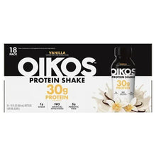Oikos vanilla protein shake 18-pack carton with 30g protein and bottle
