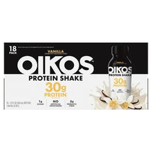 Vanilla protein shake 18-pack carton highlighting 30g protein and no artificial sweeteners
