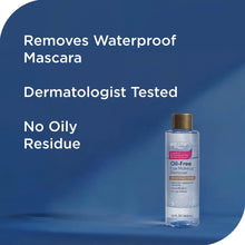 Oil-free eye makeup remover panel: removes waterproof mascara, dermatologist tested, no oil residue.