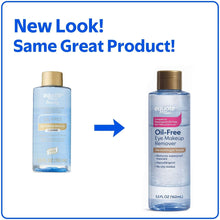 Oil-free eye makeup remover bottles shown with arrow for a new look.
