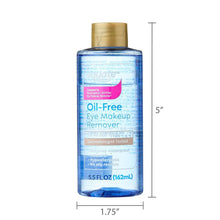 Oil-free eye makeup remover bottle front with size marks: 5" tall and 1.75" wide.
