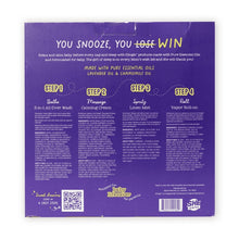 Baby oilogic sleep bundle back panel box listing four steps, QR code, purple design