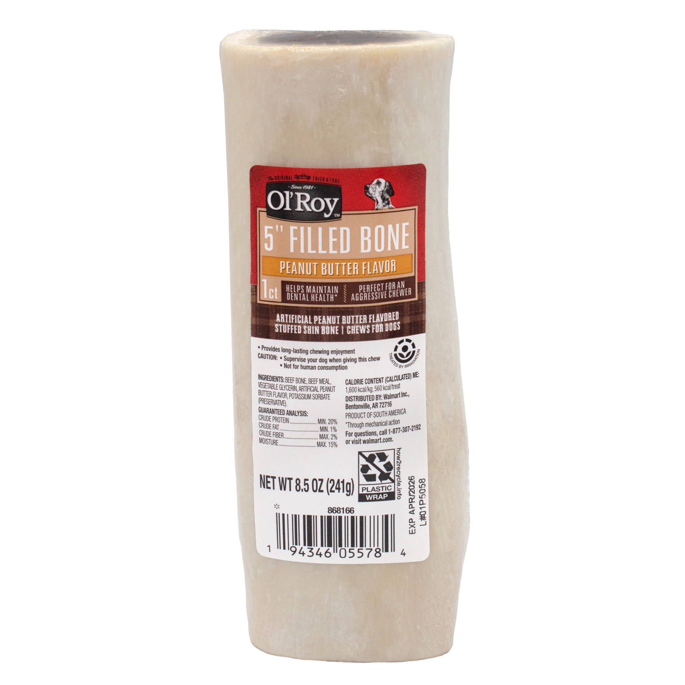 Ol' Roy 5" Stuffed Shin Dog Dry Chew Bone, Bacon & Cheese 1 Count