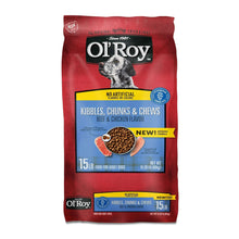 Red dry dog food bag with Ol' Roy logo and 15 lb label
