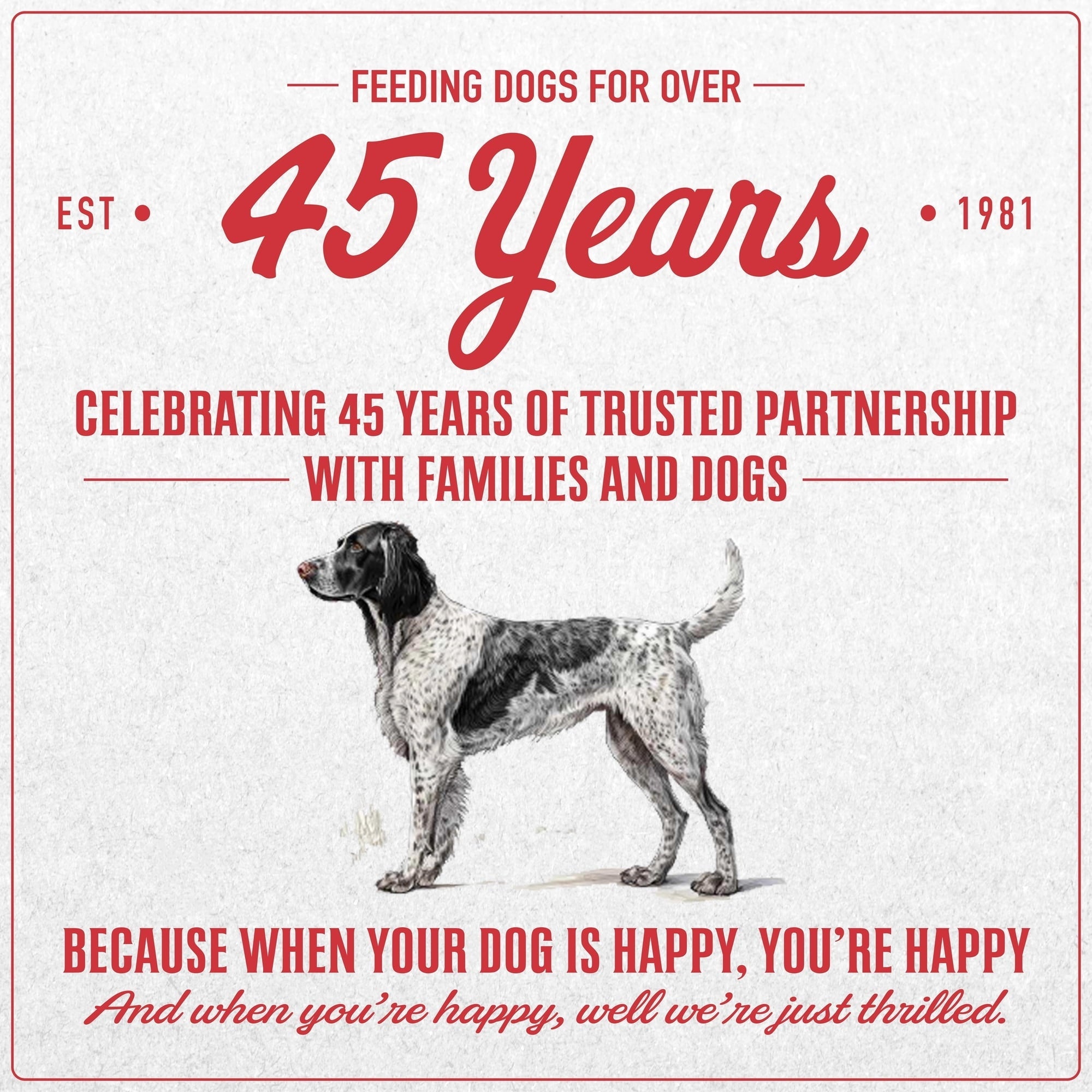 Dry dog food package 45 Years celebration panel with red text and dog illustration