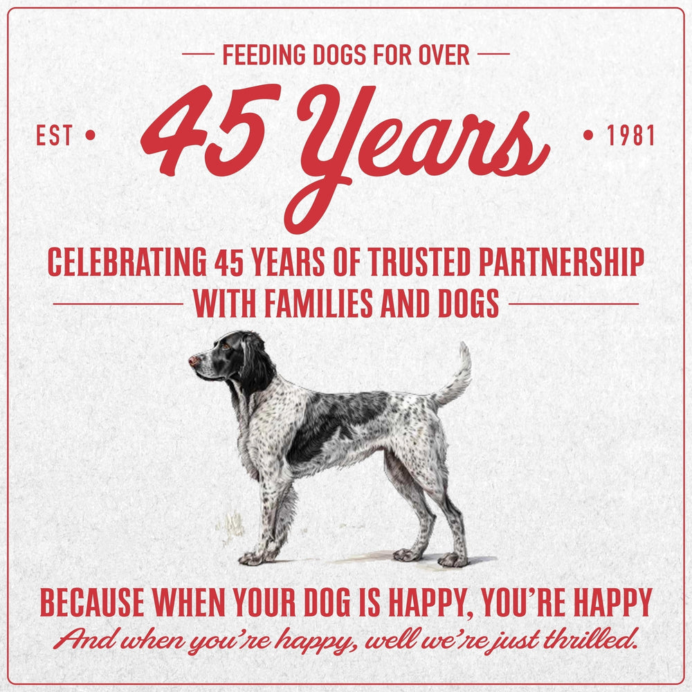 Dry dog food package 45 Years celebration panel with red text and dog illustration