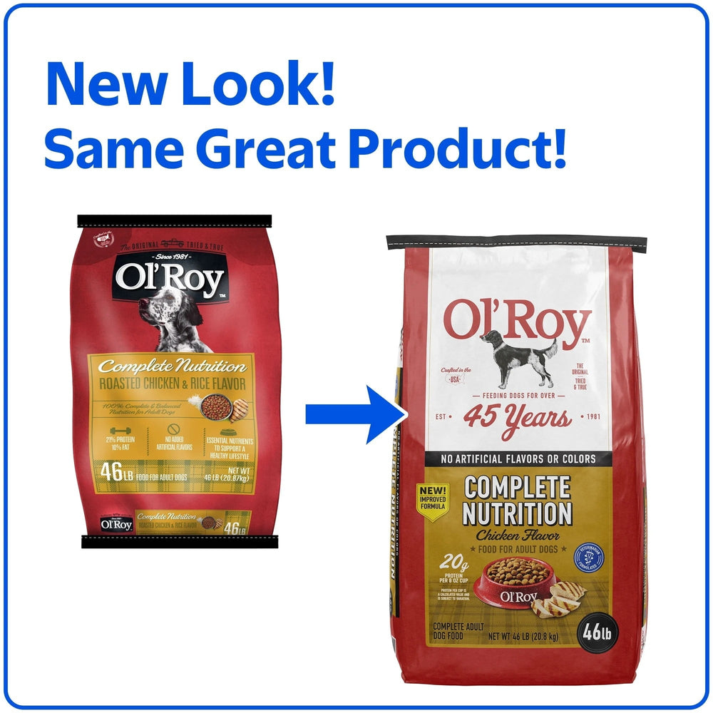 Roasted chicken & rice dry dog food bag, red and white package design, 46 lb