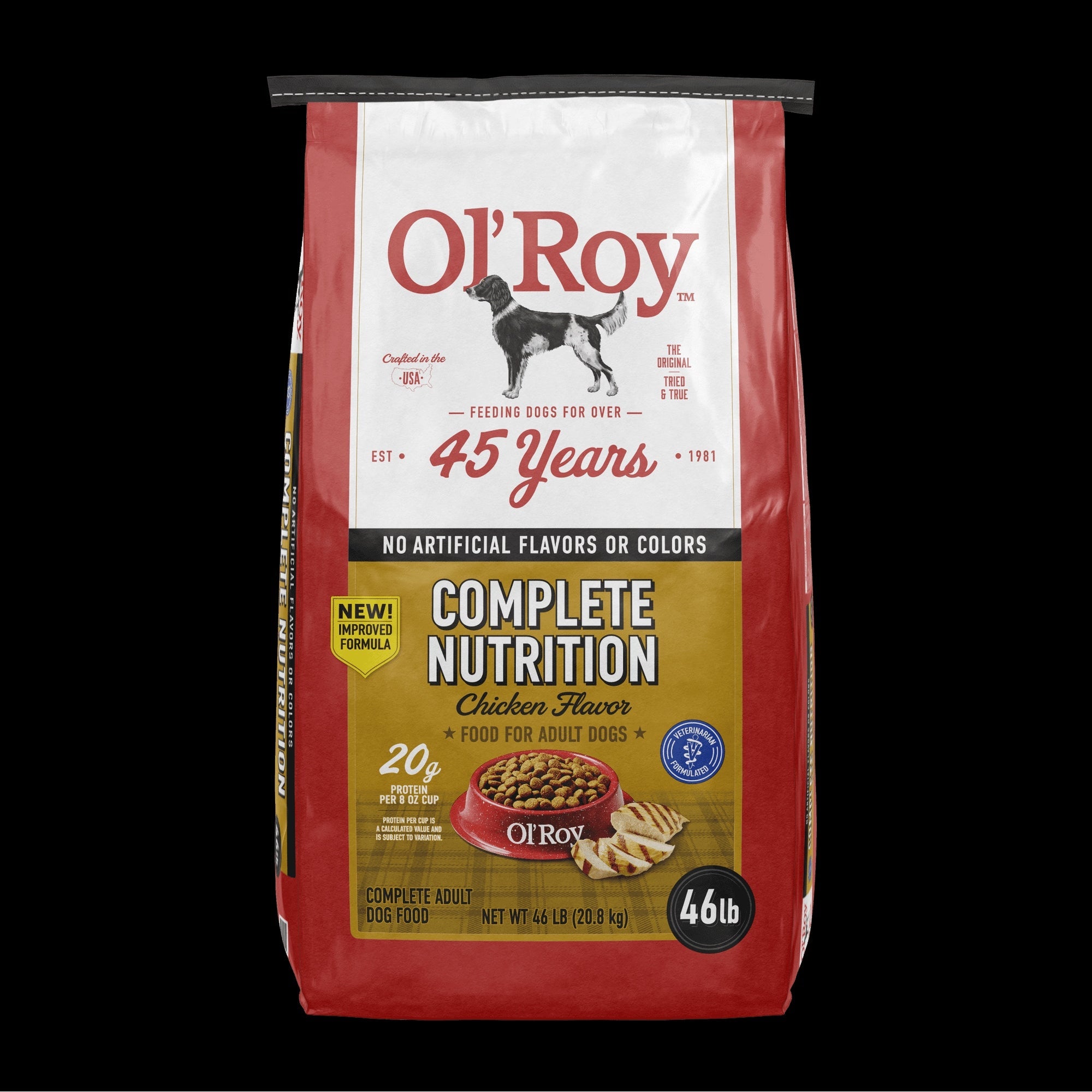 Dry dog food bag, roasted chicken & rice flavor, red and white front label, 46 lb